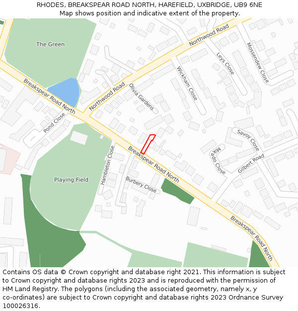 RHODES, BREAKSPEAR ROAD NORTH, HAREFIELD, UXBRIDGE, UB9 6NE: Location map and indicative extent of plot