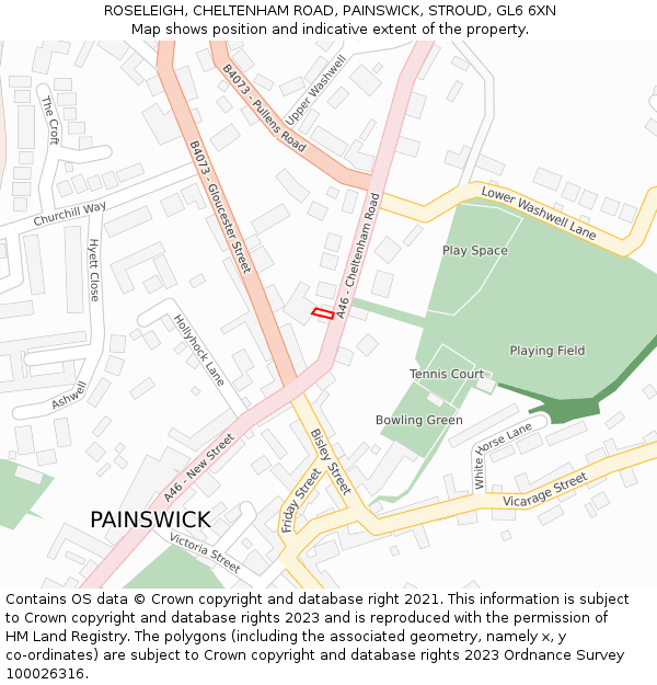 ROSELEIGH, CHELTENHAM ROAD, PAINSWICK, STROUD, GL6 6XN: Location map and indicative extent of plot