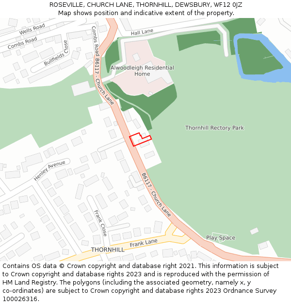 ROSEVILLE, CHURCH LANE, THORNHILL, DEWSBURY, WF12 0JZ: Location map and indicative extent of plot