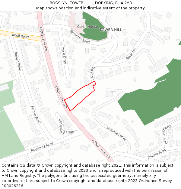 ROSSLYN, TOWER HILL, DORKING, RH4 2AR: Location map and indicative extent of plot