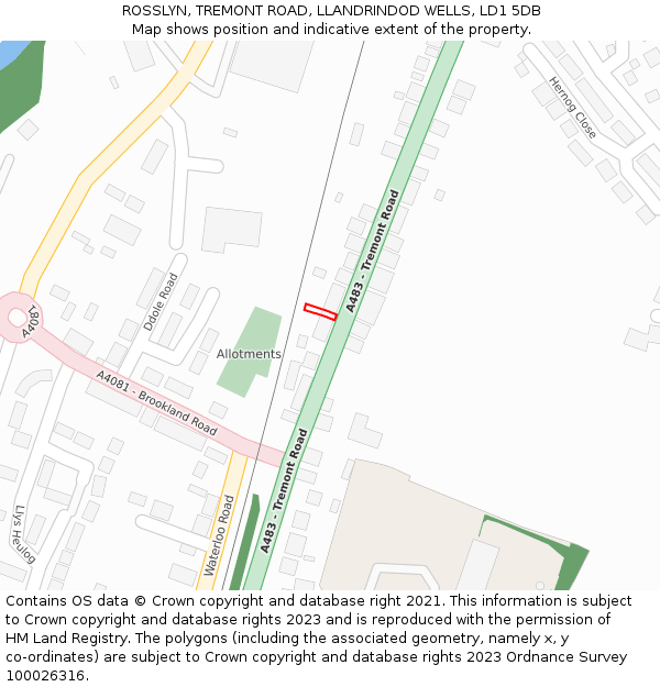 ROSSLYN, TREMONT ROAD, LLANDRINDOD WELLS, LD1 5DB: Location map and indicative extent of plot