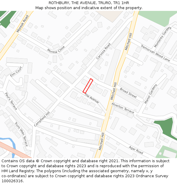 ROTHBURY, THE AVENUE, TRURO, TR1 1HR: Location map and indicative extent of plot