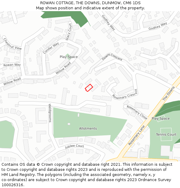 ROWAN COTTAGE, THE DOWNS, DUNMOW, CM6 1DS: Location map and indicative extent of plot