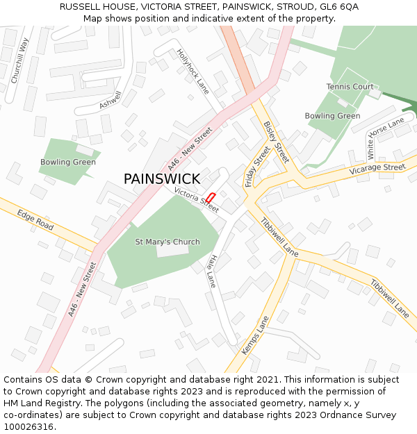 RUSSELL HOUSE, VICTORIA STREET, PAINSWICK, STROUD, GL6 6QA: Location map and indicative extent of plot