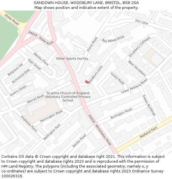 SANDOWN HOUSE, WOODBURY LANE, BRISTOL, BS8 2SA: Location map and indicative extent of plot