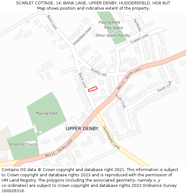 SCARLET COTTAGE, 14, BANK LANE, UPPER DENBY, HUDDERSFIELD, HD8 8UT: Location map and indicative extent of plot
