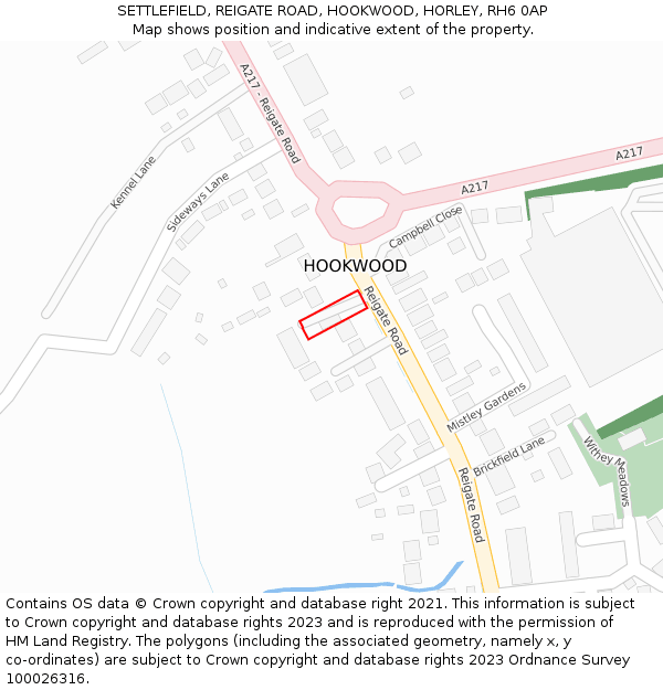 SETTLEFIELD, REIGATE ROAD, HOOKWOOD, HORLEY, RH6 0AP: Location map and indicative extent of plot