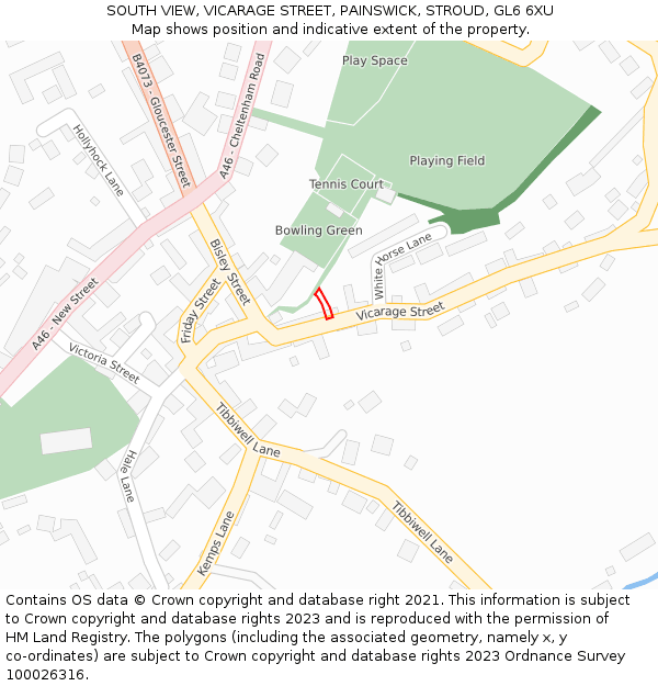 SOUTH VIEW, VICARAGE STREET, PAINSWICK, STROUD, GL6 6XU: Location map and indicative extent of plot