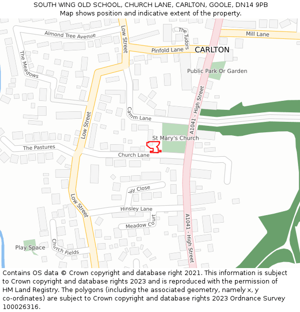 SOUTH WING OLD SCHOOL, CHURCH LANE, CARLTON, GOOLE, DN14 9PB: Location map and indicative extent of plot