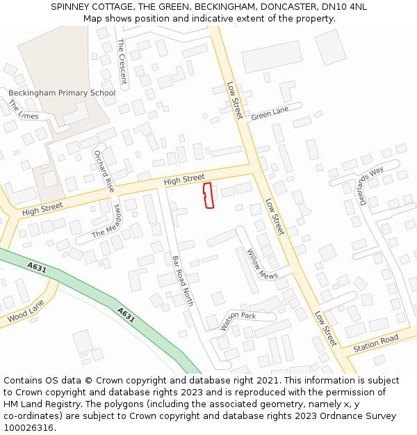 SPINNEY COTTAGE, THE GREEN, BECKINGHAM, DONCASTER, DN10 4NL: Location map and indicative extent of plot