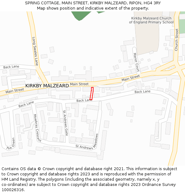 SPRING COTTAGE, MAIN STREET, KIRKBY MALZEARD, RIPON, HG4 3RY: Location map and indicative extent of plot