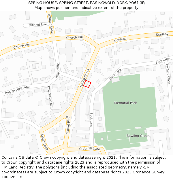 SPRING HOUSE, SPRING STREET, EASINGWOLD, YORK, YO61 3BJ: Location map and indicative extent of plot