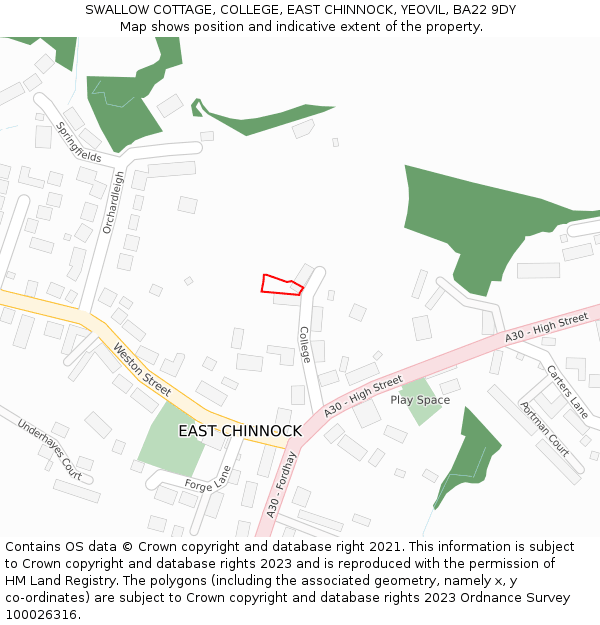 SWALLOW COTTAGE, COLLEGE, EAST CHINNOCK, YEOVIL, BA22 9DY: Location map and indicative extent of plot