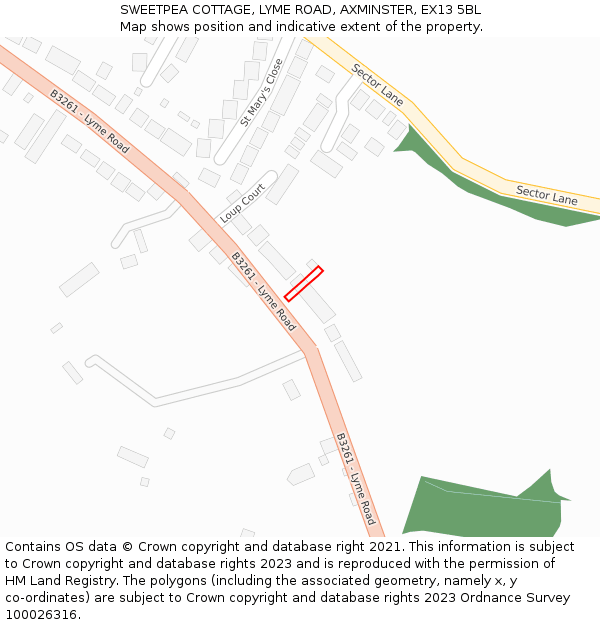 SWEETPEA COTTAGE, LYME ROAD, AXMINSTER, EX13 5BL: Location map and indicative extent of plot