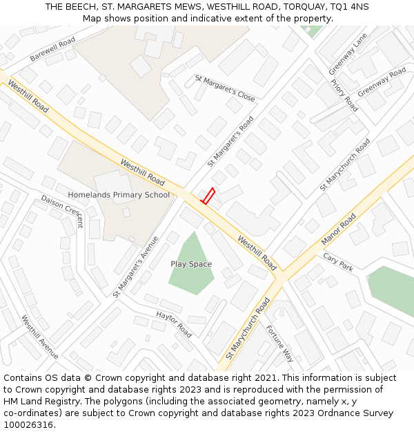 THE BEECH, ST. MARGARETS MEWS, WESTHILL ROAD, TORQUAY, TQ1 4NS: Location map and indicative extent of plot