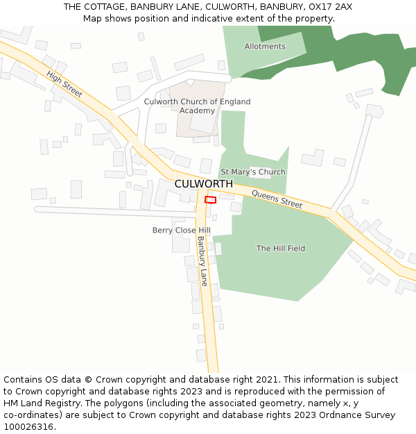 THE COTTAGE, BANBURY LANE, CULWORTH, BANBURY, OX17 2AX: Location map and indicative extent of plot