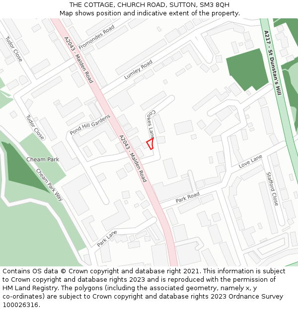 THE COTTAGE, CHURCH ROAD, SUTTON, SM3 8QH: Location map and indicative extent of plot