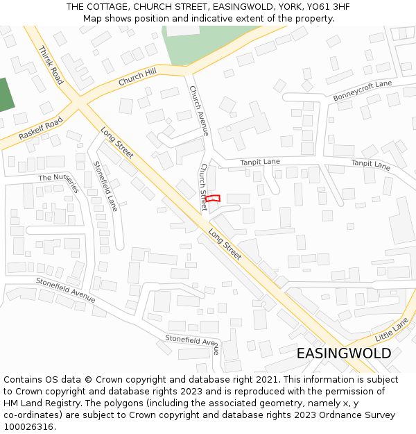 THE COTTAGE, CHURCH STREET, EASINGWOLD, YORK, YO61 3HF: Location map and indicative extent of plot