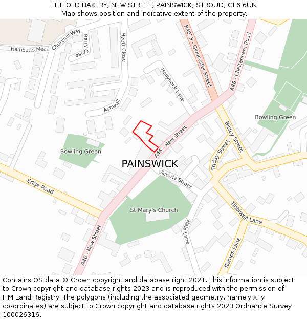 THE OLD BAKERY, NEW STREET, PAINSWICK, STROUD, GL6 6UN: Location map and indicative extent of plot