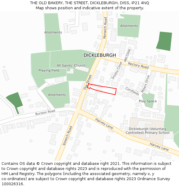 THE OLD BAKERY, THE STREET, DICKLEBURGH, DISS, IP21 4NQ: Location map and indicative extent of plot