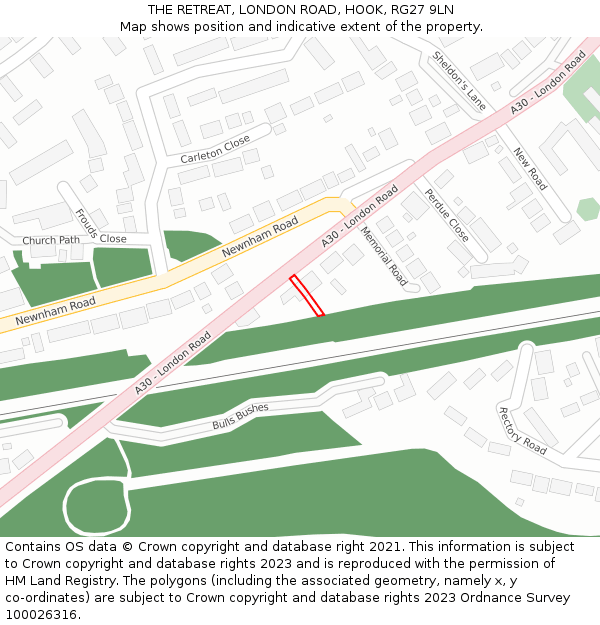 THE RETREAT, LONDON ROAD, HOOK, RG27 9LN: Location map and indicative extent of plot