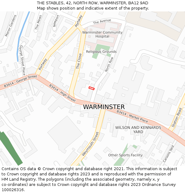 THE STABLES, 42, NORTH ROW, WARMINSTER, BA12 9AD: Location map and indicative extent of plot