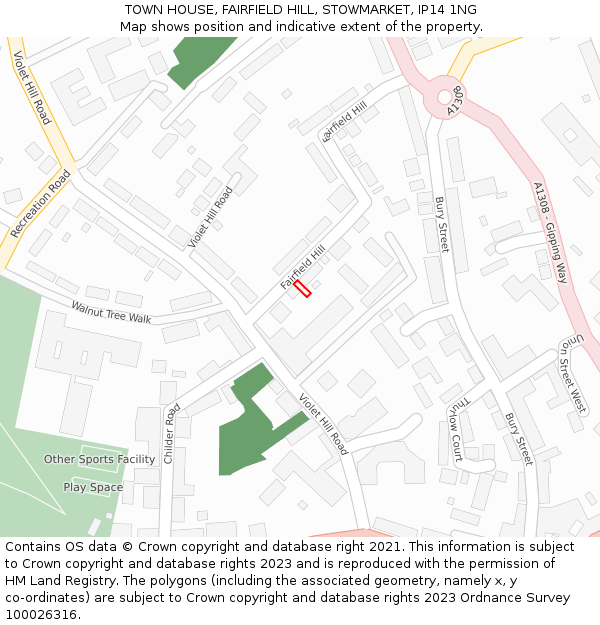 TOWN HOUSE, FAIRFIELD HILL, STOWMARKET, IP14 1NG: Location map and indicative extent of plot