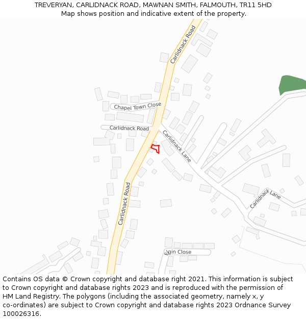 TREVERYAN, CARLIDNACK ROAD, MAWNAN SMITH, FALMOUTH, TR11 5HD: Location map and indicative extent of plot