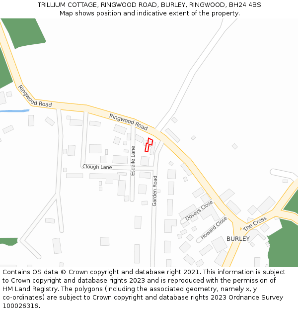 TRILLIUM COTTAGE, RINGWOOD ROAD, BURLEY, RINGWOOD, BH24 4BS: Location map and indicative extent of plot