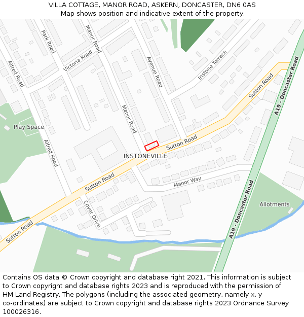 VILLA COTTAGE, MANOR ROAD, ASKERN, DONCASTER, DN6 0AS: Location map and indicative extent of plot