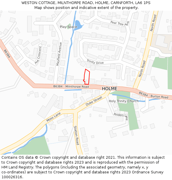 WESTON COTTAGE, MILNTHORPE ROAD, HOLME, CARNFORTH, LA6 1PS: Location map and indicative extent of plot