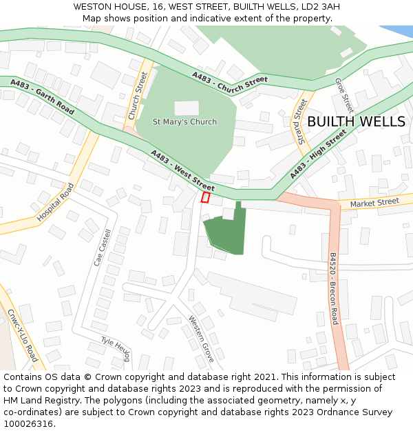 WESTON HOUSE, 16, WEST STREET, BUILTH WELLS, LD2 3AH: Location map and indicative extent of plot