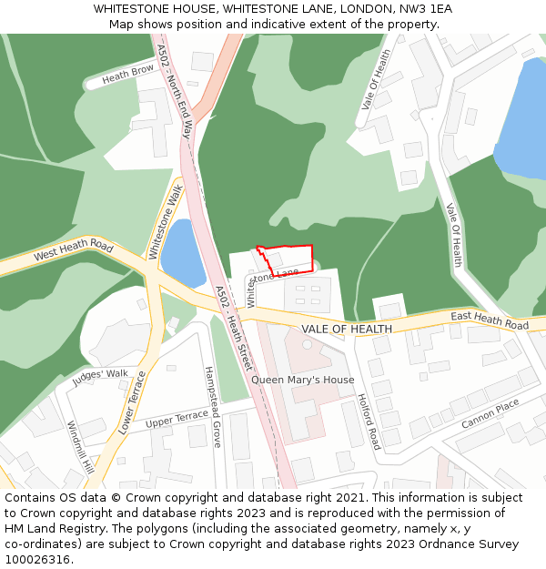 WHITESTONE HOUSE, WHITESTONE LANE, LONDON, NW3 1EA: Location map and indicative extent of plot