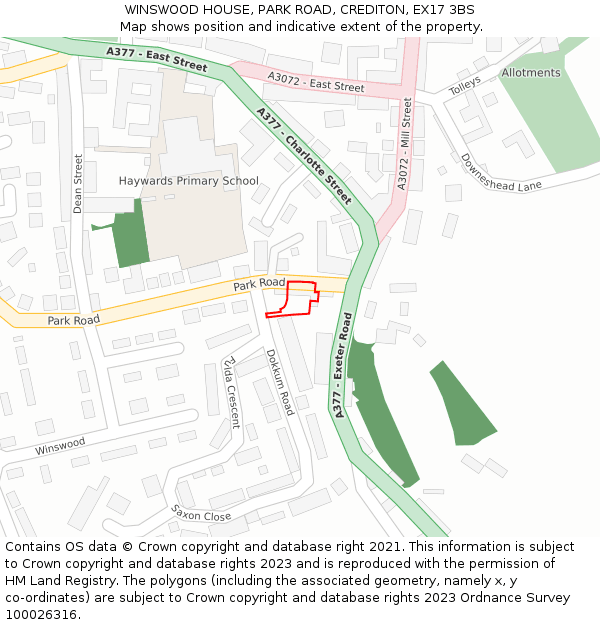WINSWOOD HOUSE, PARK ROAD, CREDITON, EX17 3BS: Location map and indicative extent of plot