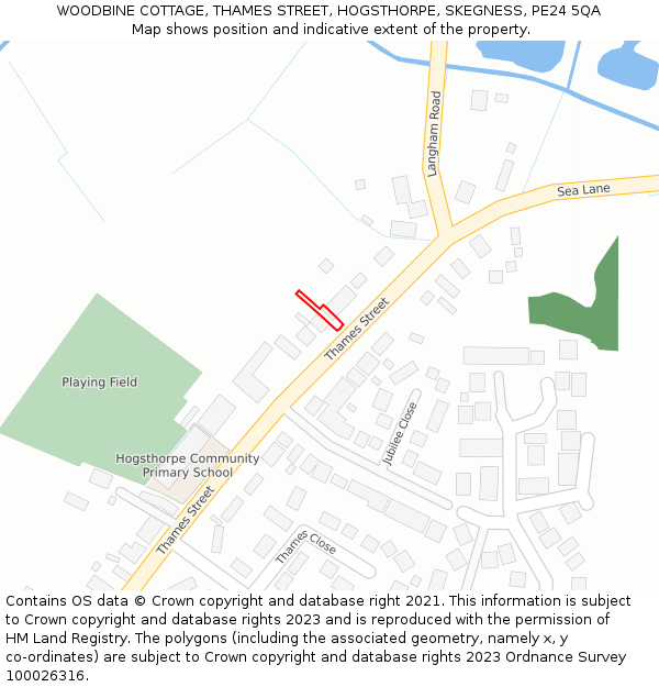 WOODBINE COTTAGE, THAMES STREET, HOGSTHORPE, SKEGNESS, PE24 5QA: Location map and indicative extent of plot
