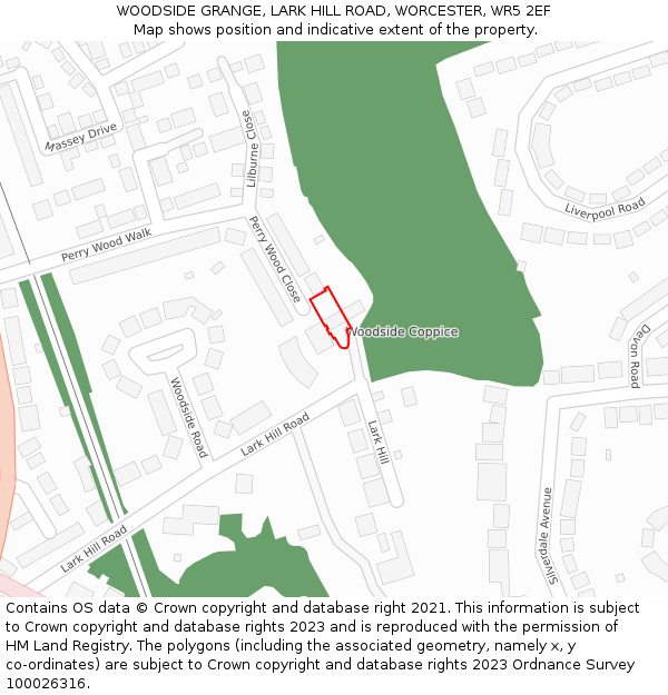 WOODSIDE GRANGE, LARK HILL ROAD, WORCESTER, WR5 2EF: Location map and indicative extent of plot