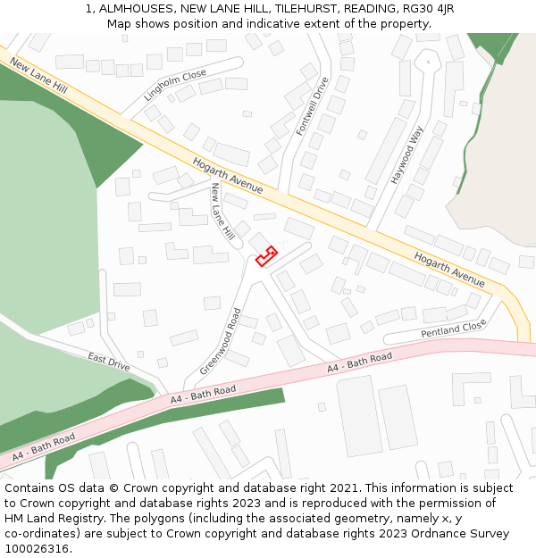 1, ALMHOUSES, NEW LANE HILL, TILEHURST, READING, RG30 4JR: Location map and indicative extent of plot