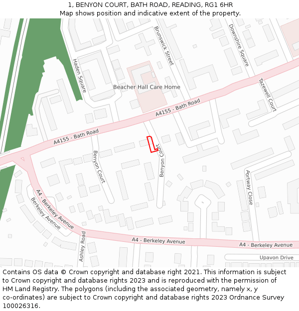 1, BENYON COURT, BATH ROAD, READING, RG1 6HR: Location map and indicative extent of plot