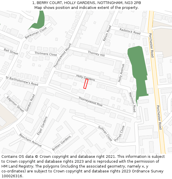 1, BERRY COURT, HOLLY GARDENS, NOTTINGHAM, NG3 2PB: Location map and indicative extent of plot