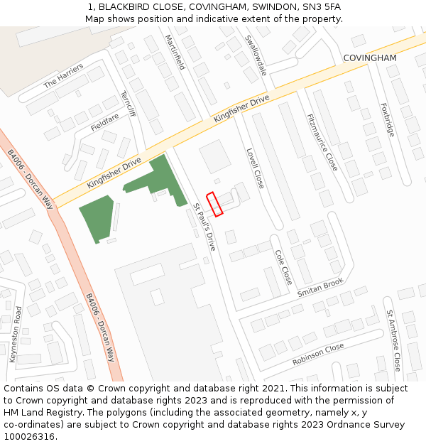 1, BLACKBIRD CLOSE, COVINGHAM, SWINDON, SN3 5FA: Location map and indicative extent of plot