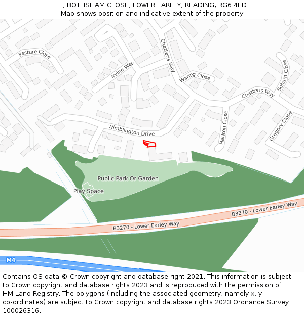 1, BOTTISHAM CLOSE, LOWER EARLEY, READING, RG6 4ED: Location map and indicative extent of plot