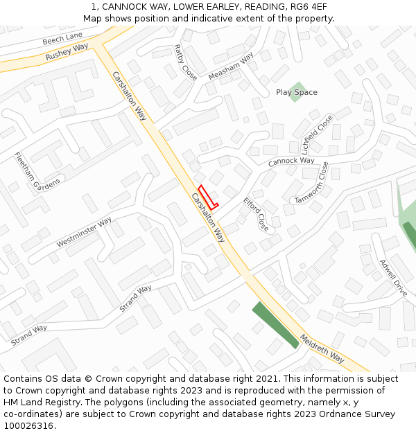 1, CANNOCK WAY, LOWER EARLEY, READING, RG6 4EF: Location map and indicative extent of plot