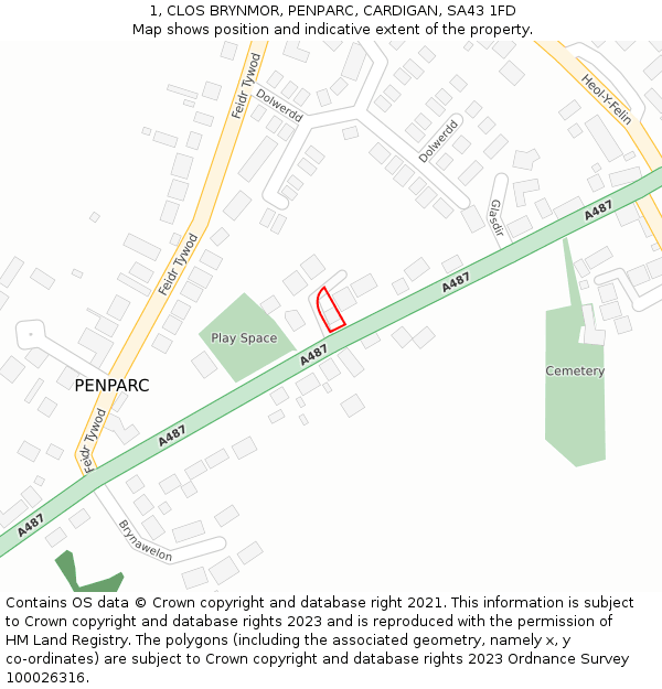 1, CLOS BRYNMOR, PENPARC, CARDIGAN, SA43 1FD: Location map and indicative extent of plot