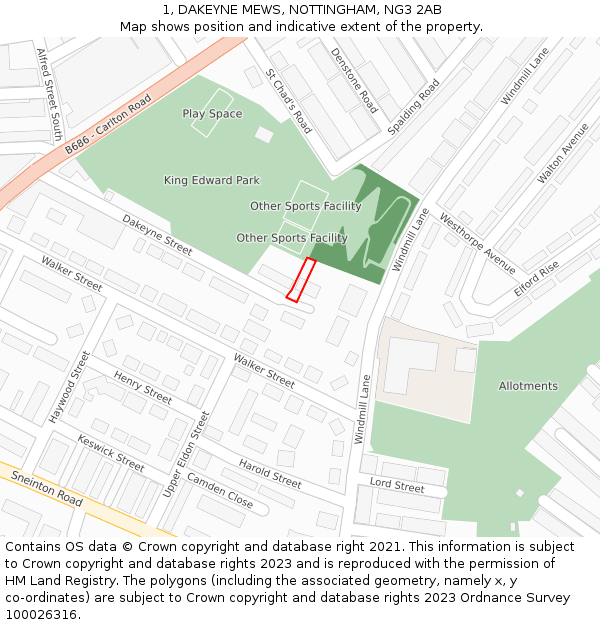 1, DAKEYNE MEWS, NOTTINGHAM, NG3 2AB: Location map and indicative extent of plot
