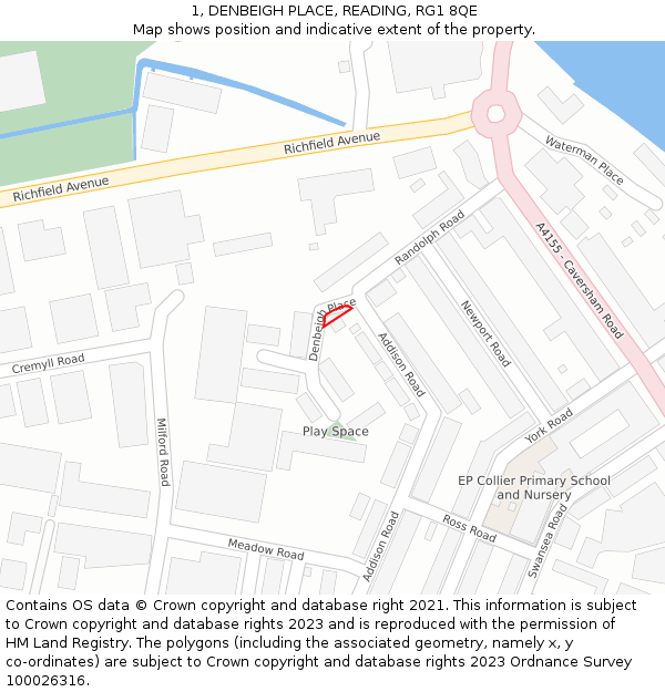 1, DENBEIGH PLACE, READING, RG1 8QE: Location map and indicative extent of plot