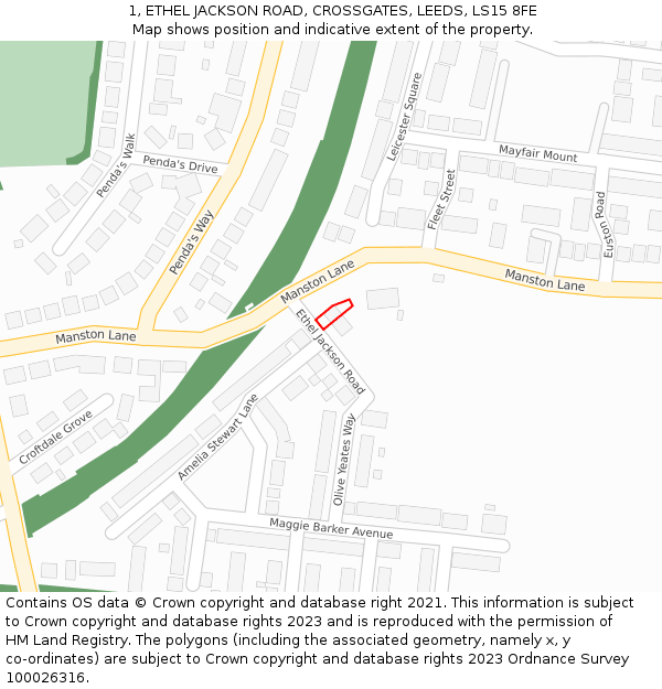 1, ETHEL JACKSON ROAD, CROSSGATES, LEEDS, LS15 8FE: Location map and indicative extent of plot