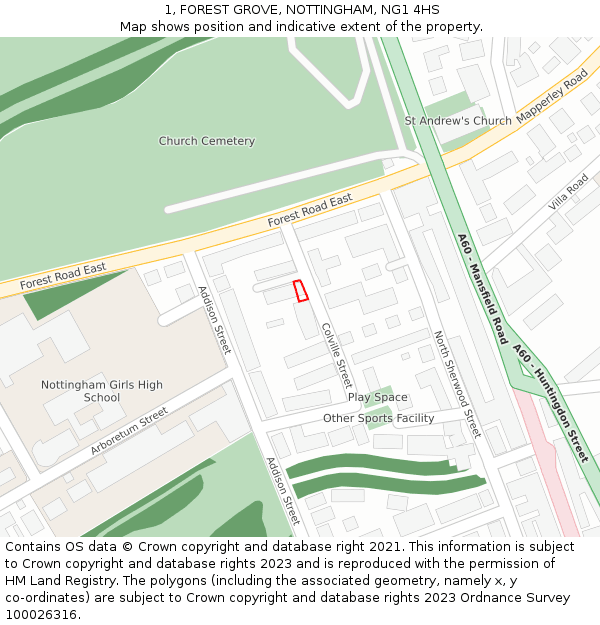 1, FOREST GROVE, NOTTINGHAM, NG1 4HS: Location map and indicative extent of plot