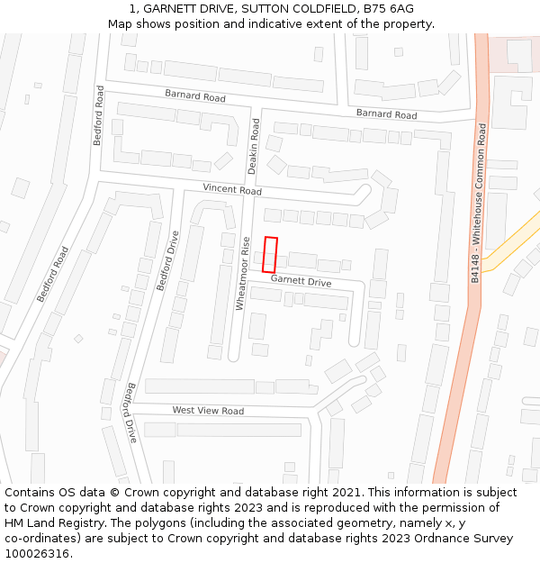 1, GARNETT DRIVE, SUTTON COLDFIELD, B75 6AG: Location map and indicative extent of plot