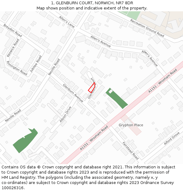 1, GLENBURN COURT, NORWICH, NR7 8DR: Location map and indicative extent of plot