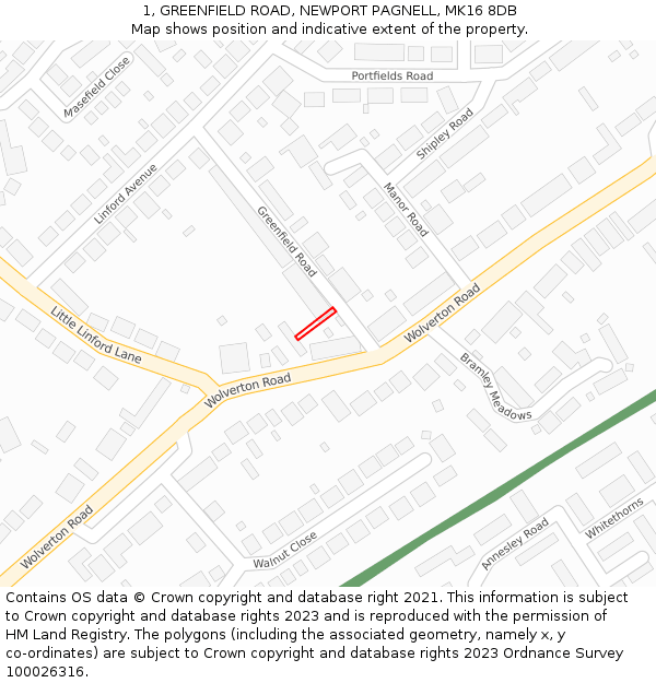 1, GREENFIELD ROAD, NEWPORT PAGNELL, MK16 8DB: Location map and indicative extent of plot